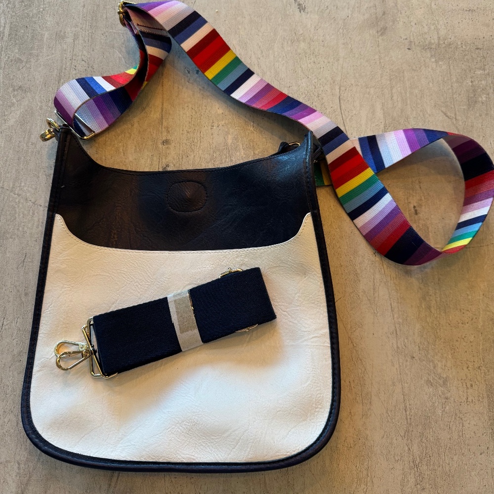 Ah-Dorned Navy Blue and White Messenger Bag w/Rainbow Strap and Navy Blue Strap